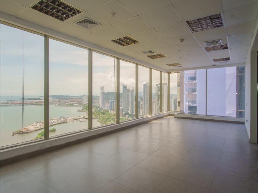Aerial perspective of Panama Bay coastline and city skyline from BICSA Financial Center on Avenida Balboa