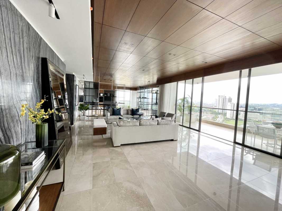 Chef's kitchen with marble island, built-in appliances at PH Albatross Santa María Panama