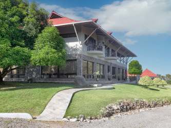 Aerial view of villa mansion, plantation, marina, bamboo roof hub Chiriquí Panama