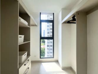 Modern minimalist bathroom with striped tile design in Cranc Tower Panama
