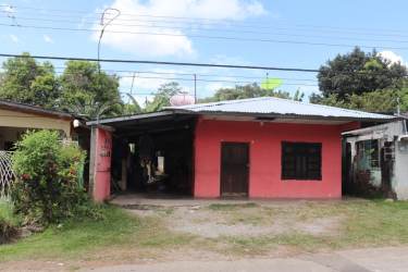 Exterior view single story house pink facade metal roof covered carport Bugaba Panama