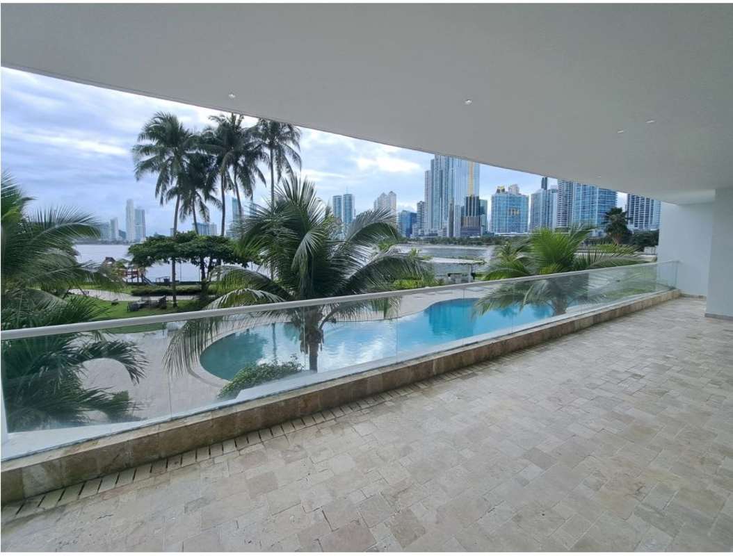 Bathroom with jacuzzi large window marble walls city skyline view PH Miradores Paitilla