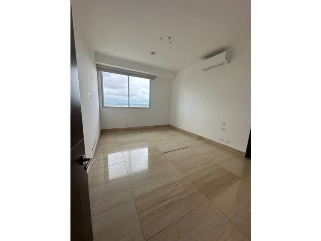 Empty modern bedroom with air conditioning, marble tiles and large window city view Santa Maria Panama