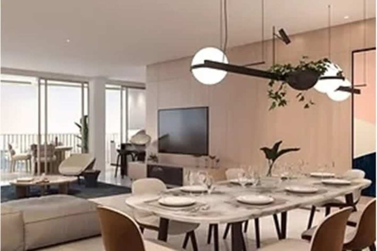 Modern open plan living dining with panoramic windows luxury condo Ocean Reef Panama