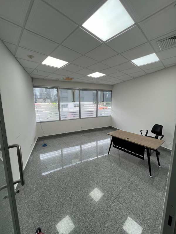 Spacious office area with large windows, suspended ceiling, granite flooring in Plaza Fidanque San Francisco Panama
