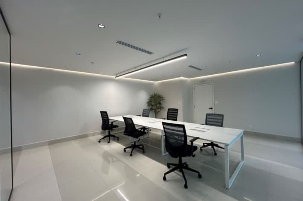 Modern reception and open workspace with glass partitions in Costa del Este Financial Park Tower Panama