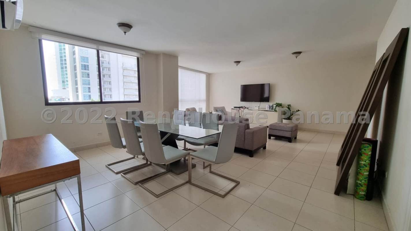 Bathroom with granite countertop, large mirror, glass shower enclosure in PH Courtyard View Punta Pacifica