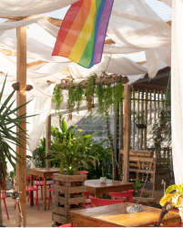 Eclectic outdoor patio with plants, shade canopy and rainbow decor Santa Catalina beach investment