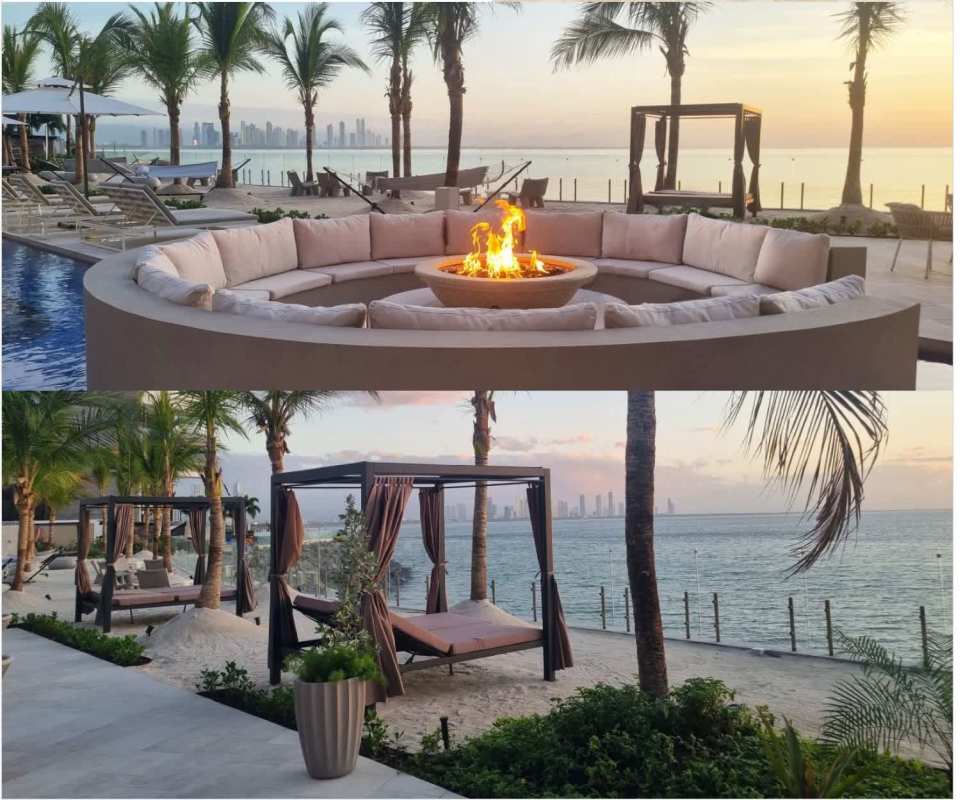 Beachfront amenities including fire pit and cabanas at Ocean Reef Islands Panama
