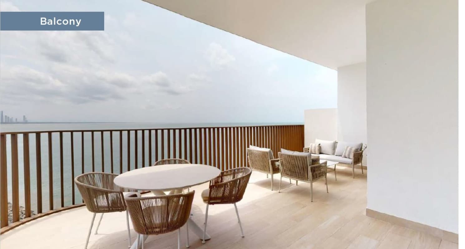 Furnished terrace with oceanfront views at Ocean Reef Islands penthouse Panama