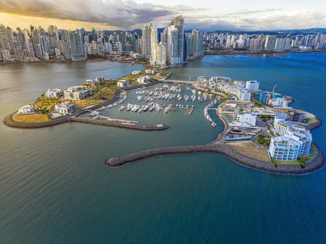 Bright living area with city views in luxury penthouse Ocean Reef Islands Panama