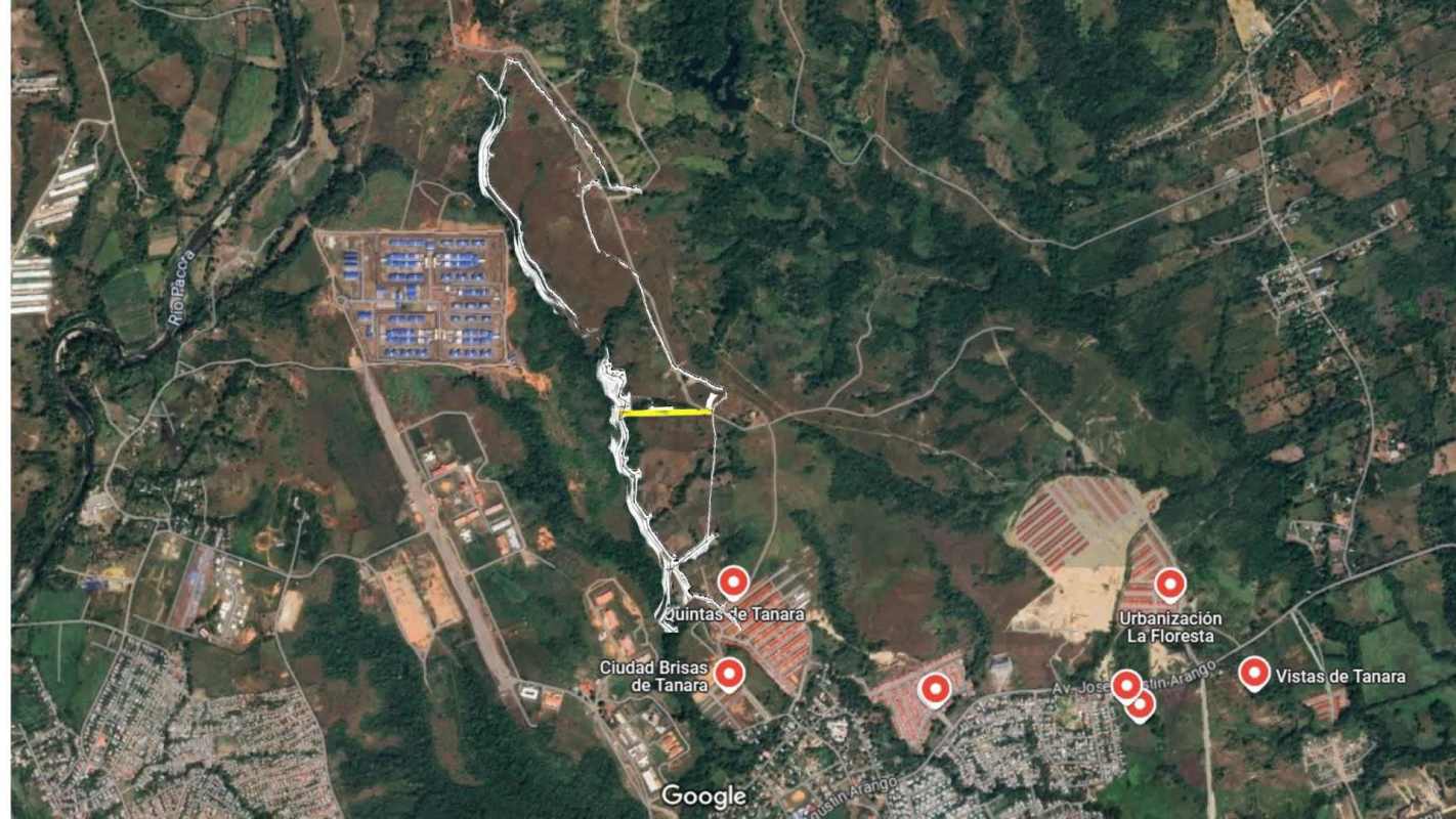 Satellite aerial image showing residential development sites, roadways, river and surrounding greenbelt in Tanara Pacora Panama