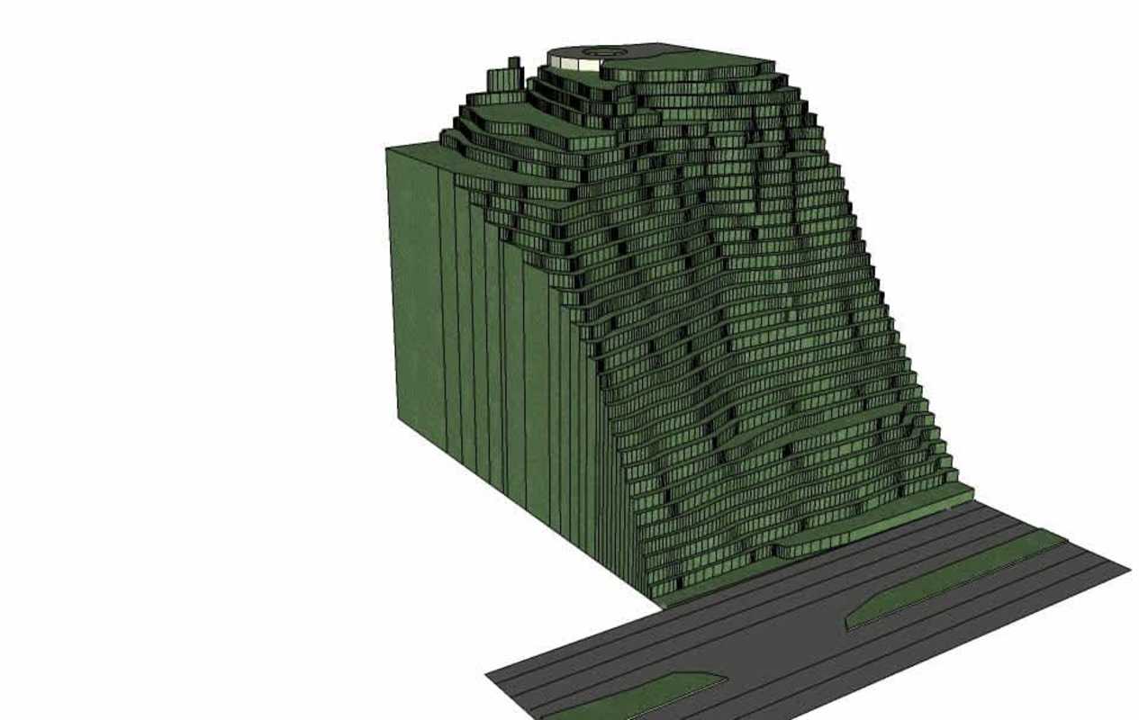 Eco-architecture concept rendering with terraced green roof high-rise on Tumba Muerto commercial land Panama