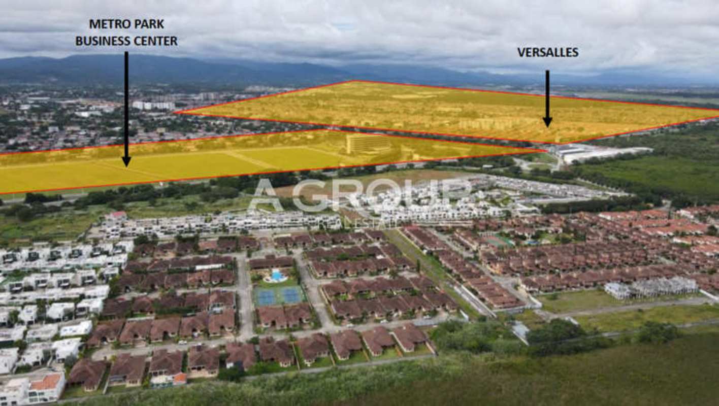 Schematic development map showing commercial and residential zones with highlighted land plot Costa Sur Panama