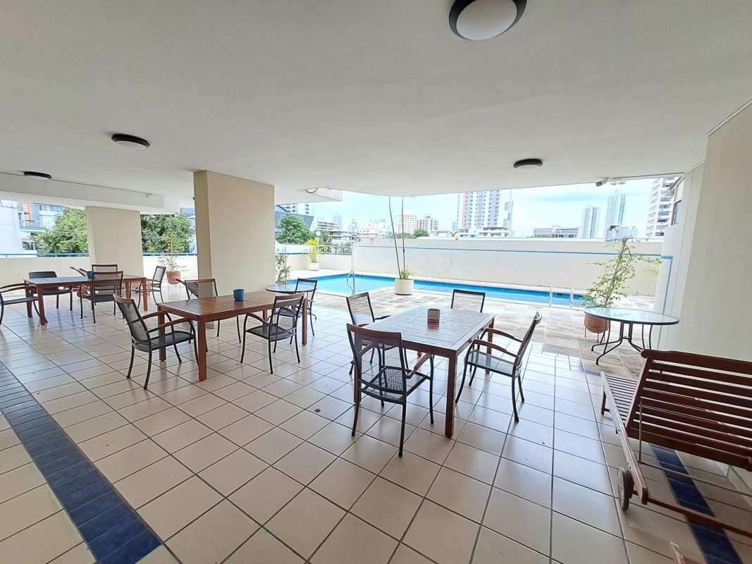 Renovated modern kitchen with white cabinetry and granite countertops PH Obarrio Tower Apartment Panama City