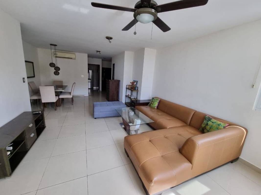 Furnished living space with ceiling fan, city view windows, PH Coco View Coco del Mar Panama