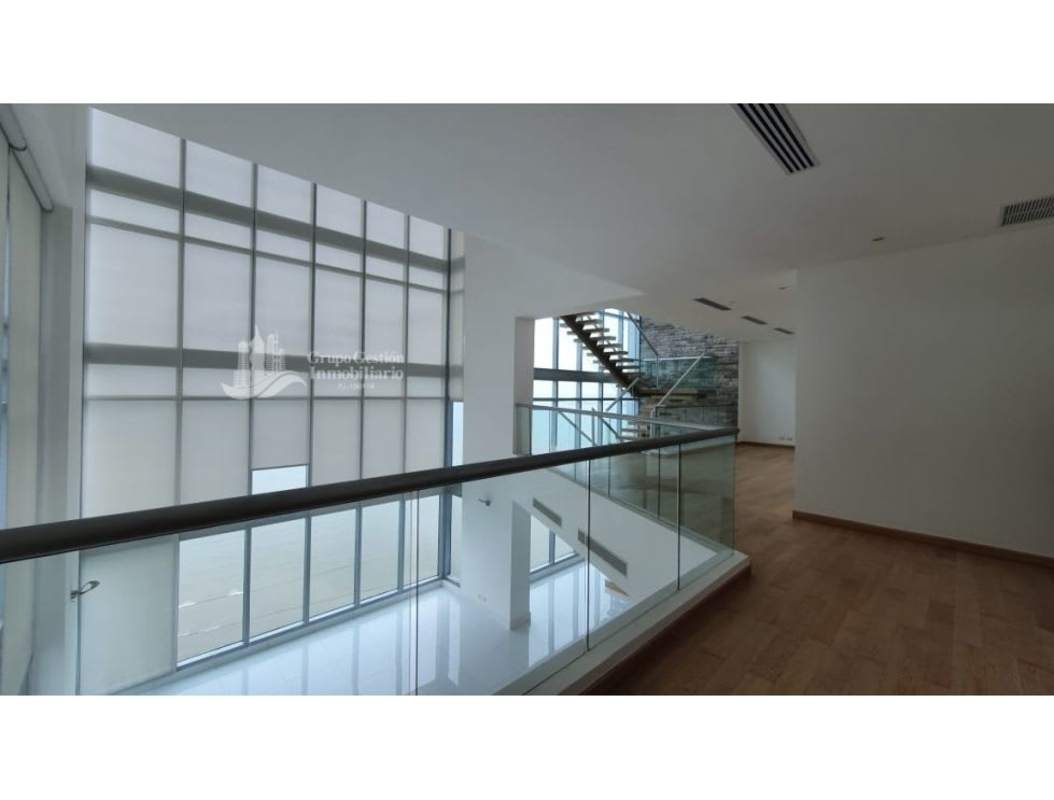 Spacious luxury kitchen with island, light wood cabinets, stainless appliances at Costa del Este Penthouse Panama