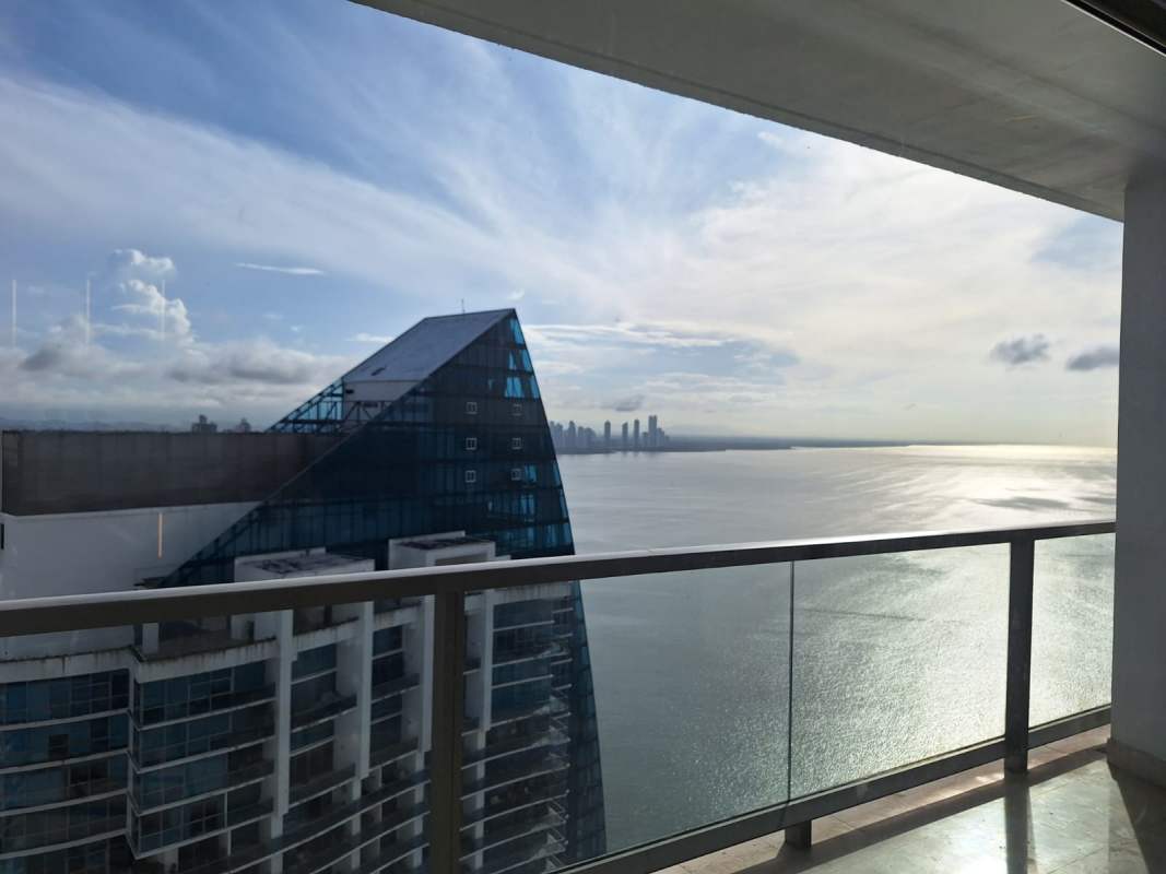 Large balcony overlooking ocean skyline from PH Trump Ocean Club high-rise condo Punta Pacifica Panama