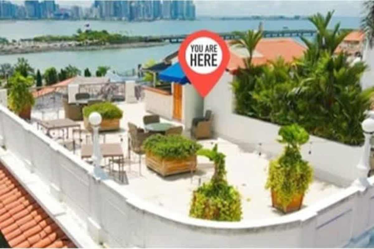 Aerial photo historic Casco Viejo, colonial rooftops with skyline in Panama City around Las Clementinas