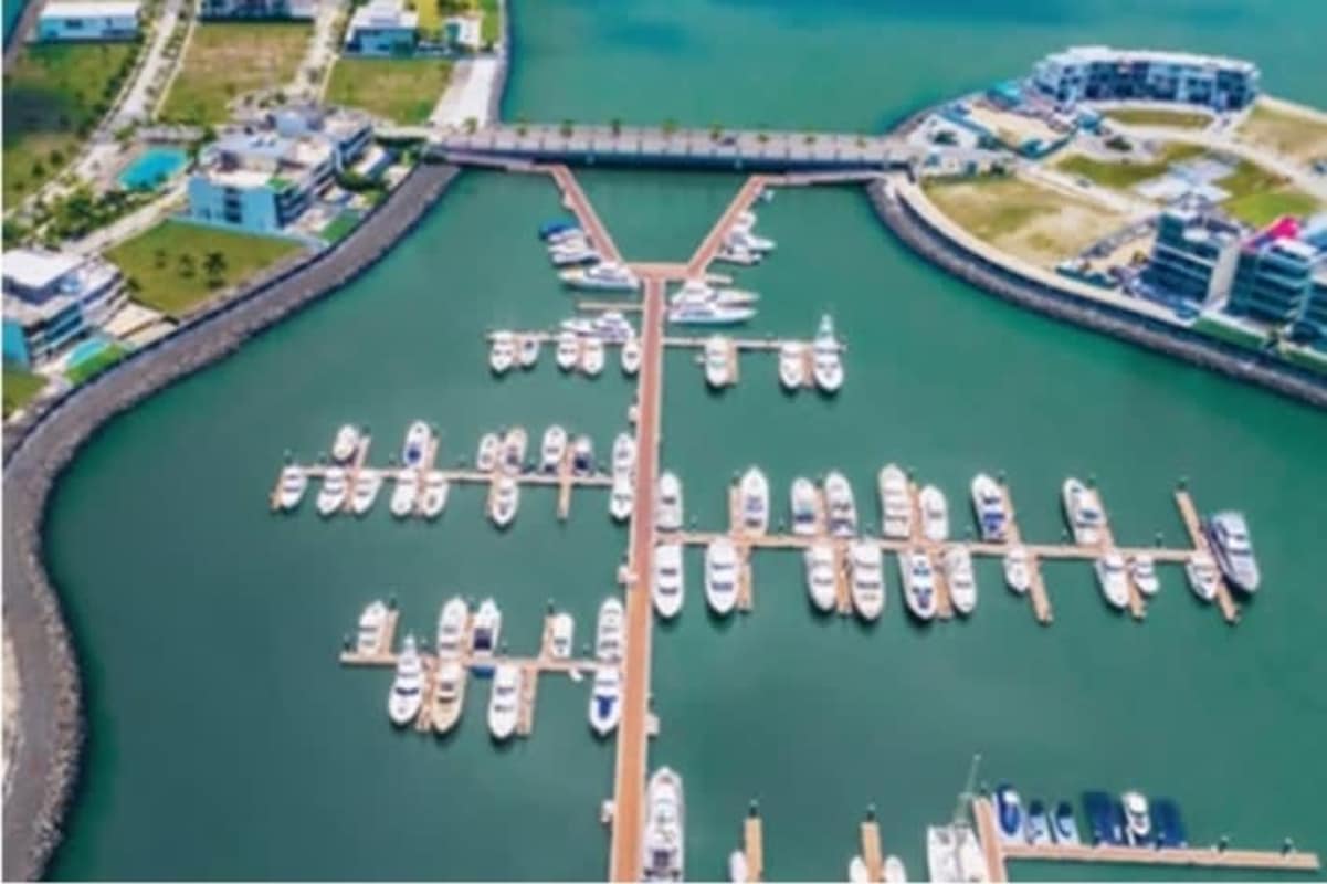 View of marina, boats, and lush island landscape at Ocean Reef Panama