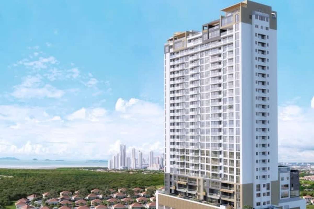 Contemporary high-rise apartment building with balconies overlooking Panama skyline Oceana Residences