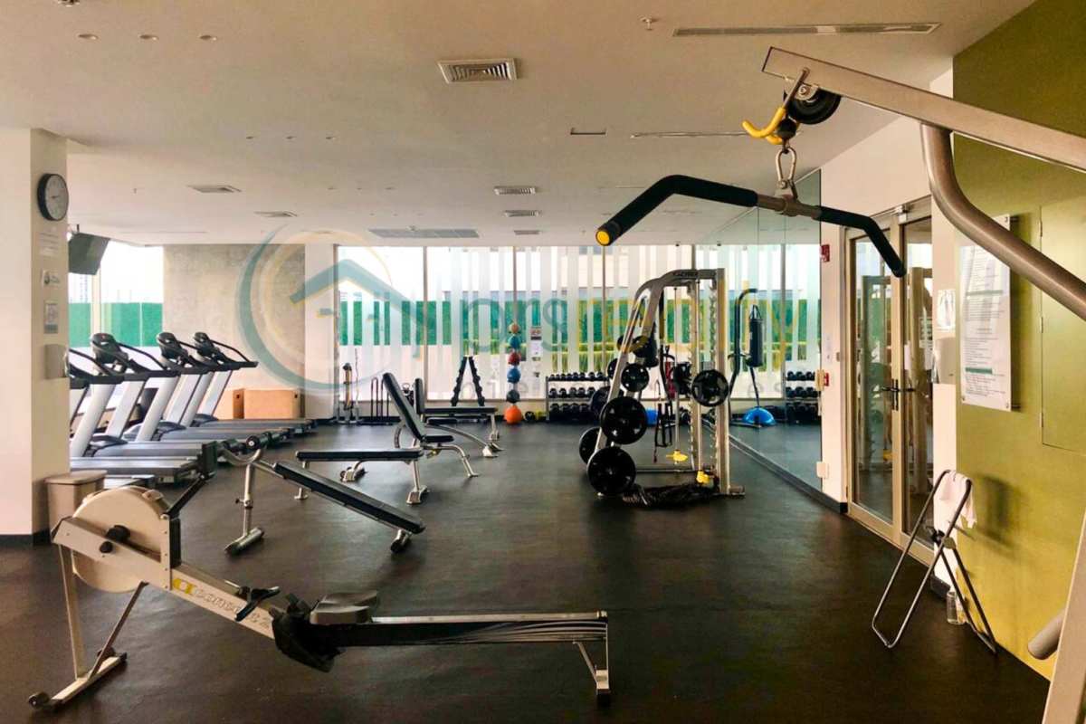 Fully equipped gym with cardio and strength equipment overlooking city skyline in Greenview Panama