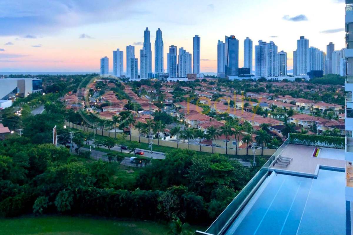 Skyline aerial of PH Greenview with infinity pool overlooking Santa Maria neighborhood in Panama City