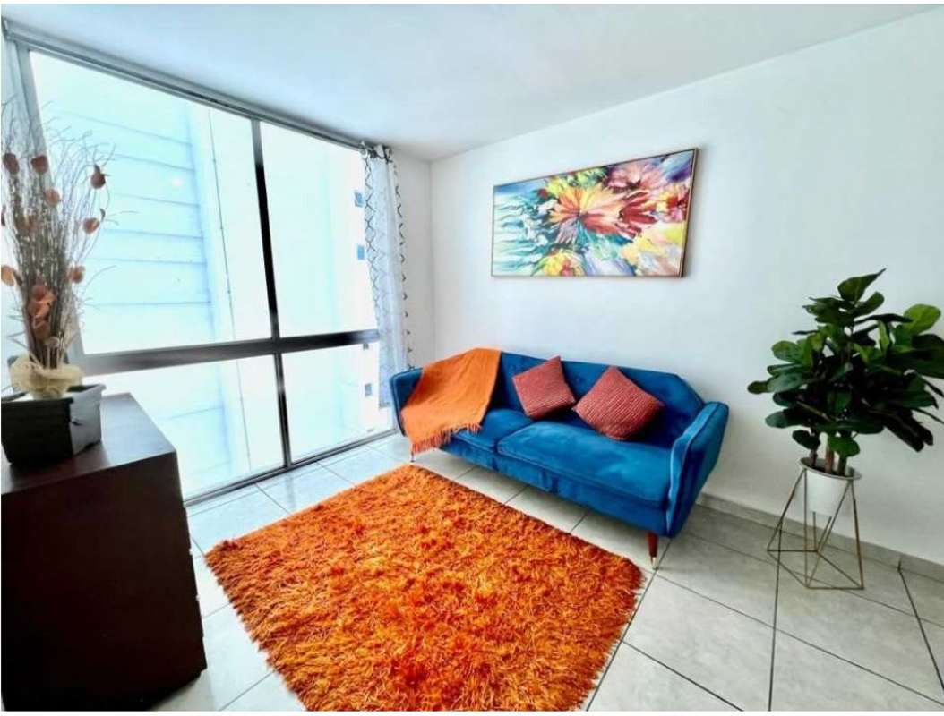 Bright colorful living area with blue sofa, orange rug, large window PH Sunshine Carrasquilla Panama