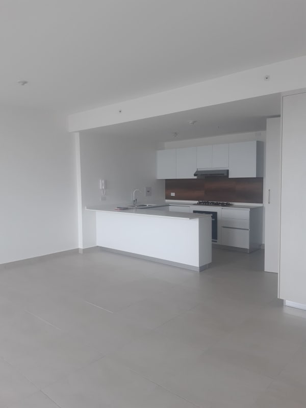 Minimalist white kitchen with island built-in oven gas stove PH Van Gogh Panama