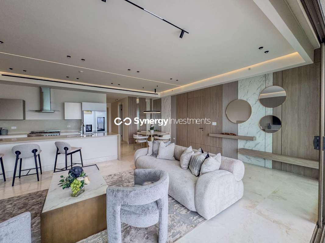 Open-plan living room and kitchen, contemporary furnished, ocean views Ocean Reef Islands Panama