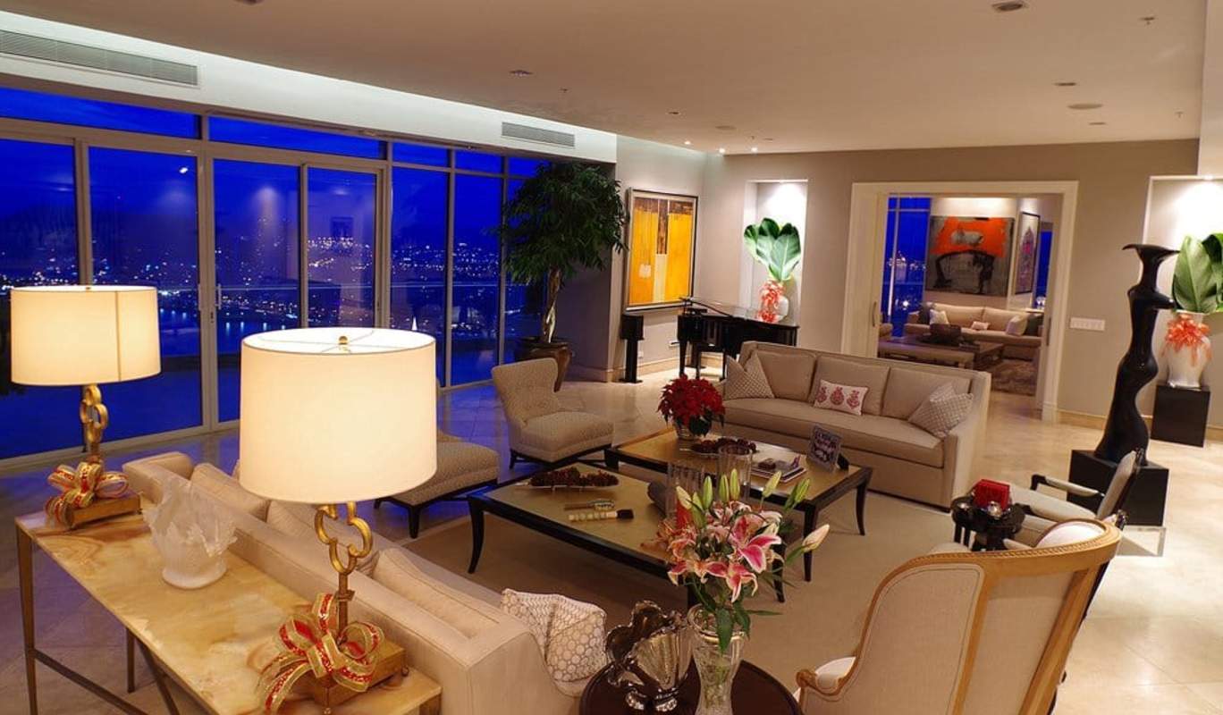 Formal dining room with seating for 12 and window views at PH The Point penthouse Panama