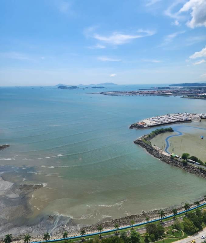 Scenic aerial view of Pacific coastline, marina and Cinta Costera near PH BICSA Tower Panama City