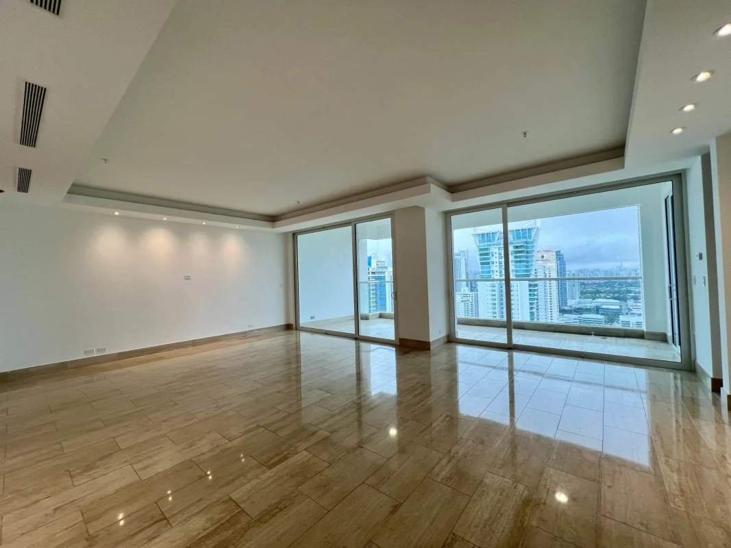 Modern open plan living area with marble floors and panoramic windows PH Aria Costa del Este