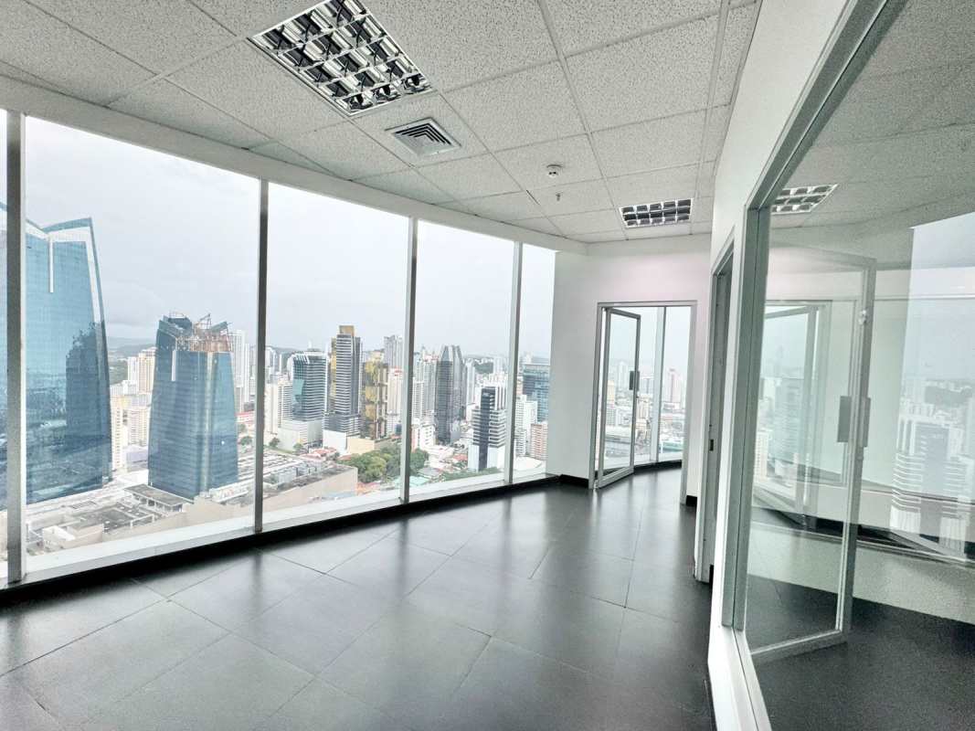 Interior of furnished office area overlooking Panama City skyline at PH BICSA Tower
