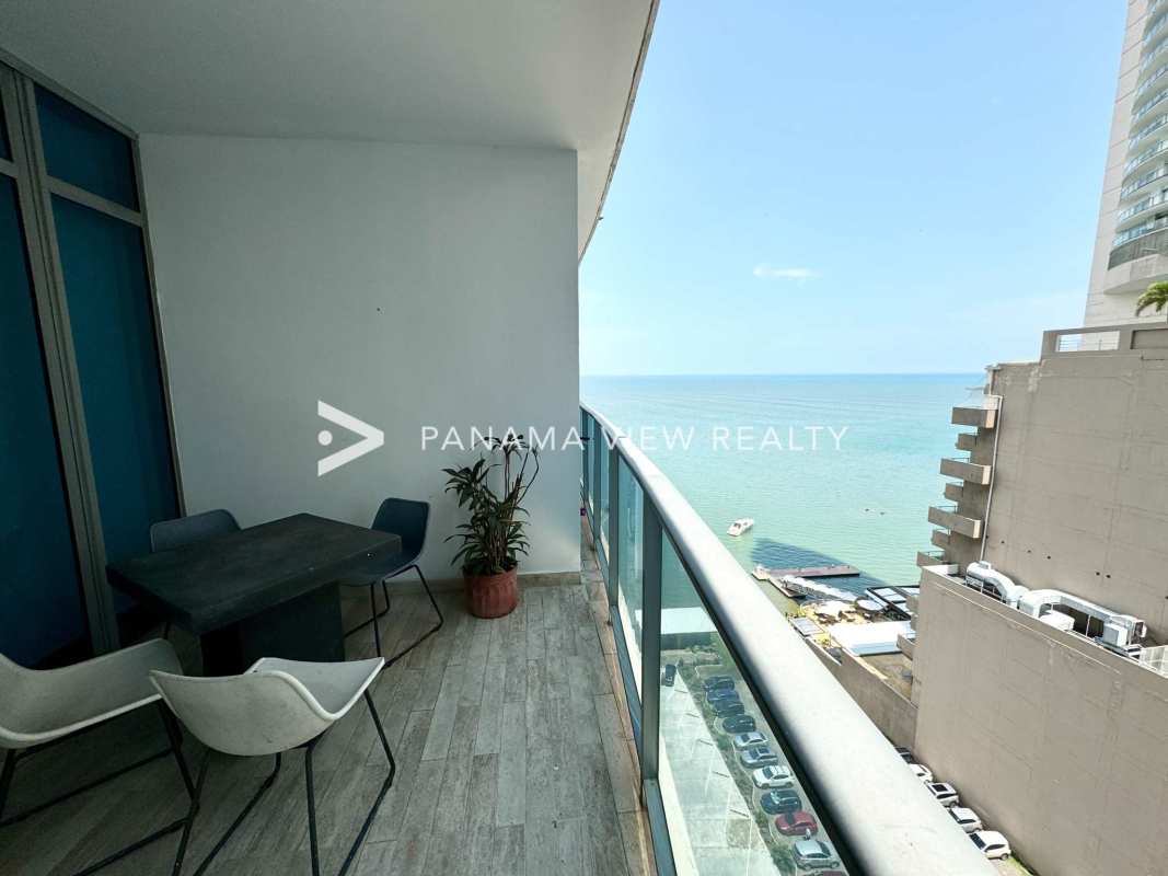 Contemporary bathroom with walk-in shower, sleek vanity in Grand Tower Punta Pacifica Panama