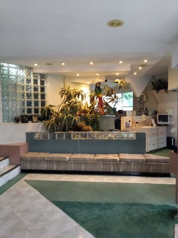 Contemporary lounge with built-in greenery, bench seating, glass blocks in PH El Carmen Business Center Panama