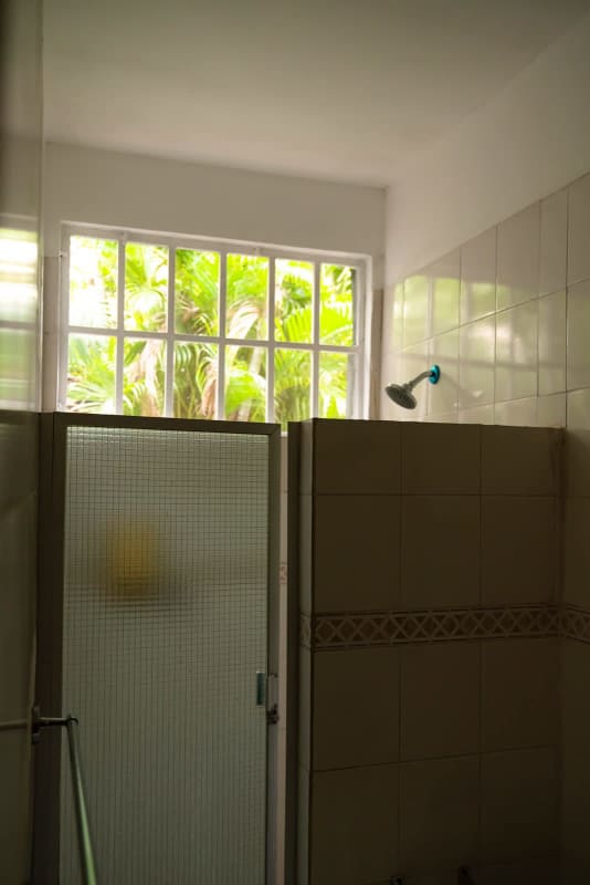 Shower with frosted glass door and garden view window Obarrio home Panama City