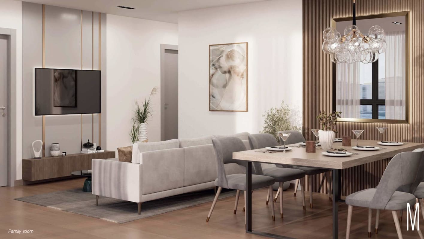 Contemporary living-dining area in open plan condo with skyline view Panama