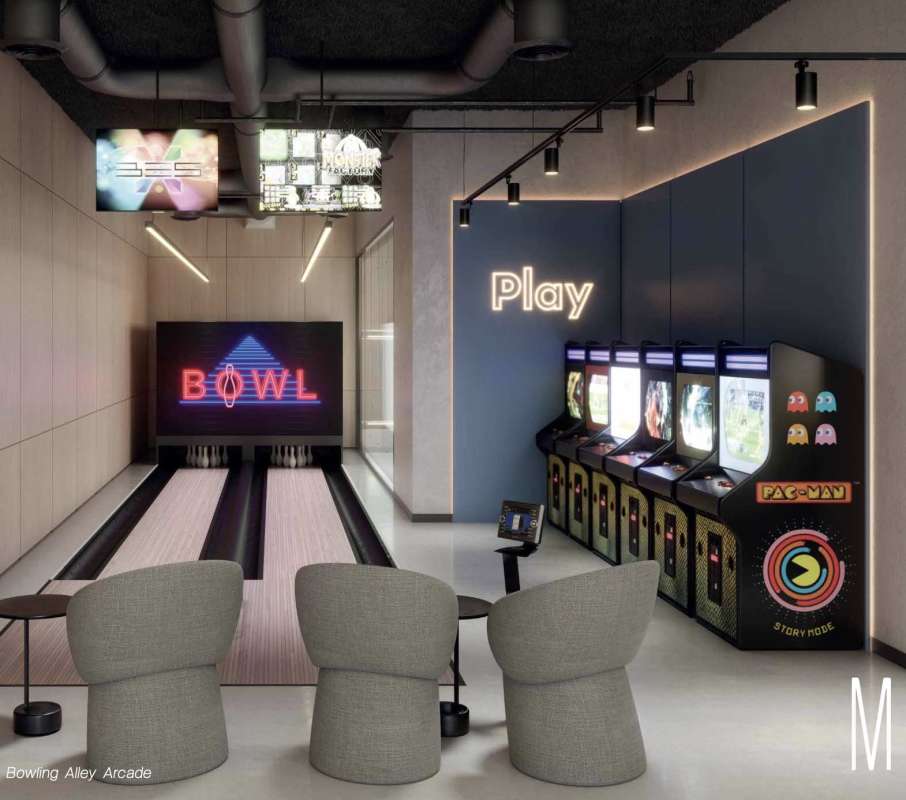 Luxury condos entertainment room featuring bowling alley and arcade games Marbella Panama