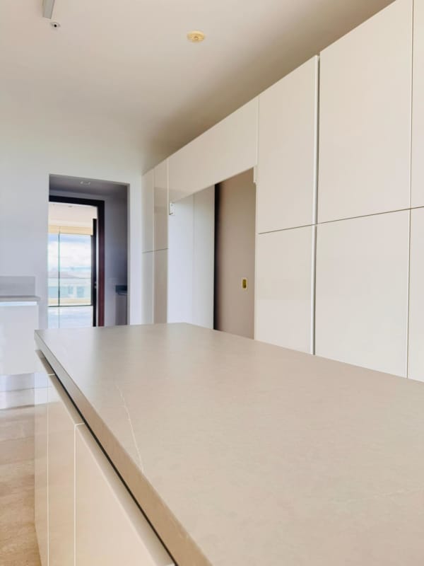 Gourmet kitchen with large island and breakfast bar in luxury condo Santa María Panama