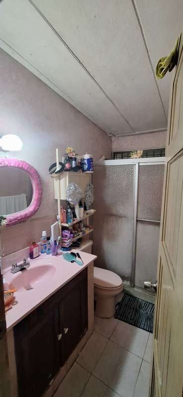 Compact bathroom with pink sink mirror shower enclosure Panama city house