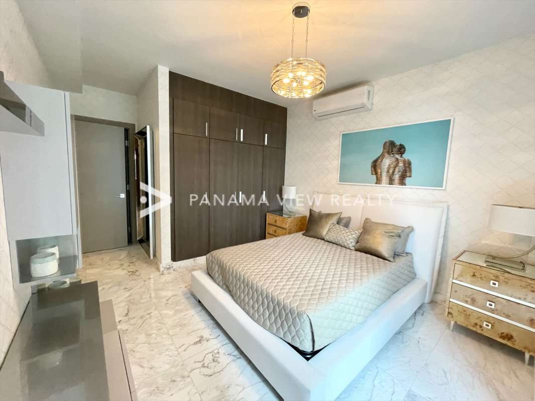 Luxury bathroom with marble vanity glass shower at PH Regalia Costa del Este Panama