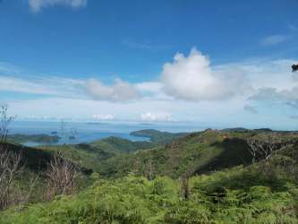 Elevated ocean view with lush green hills near Pixvae beach Panama