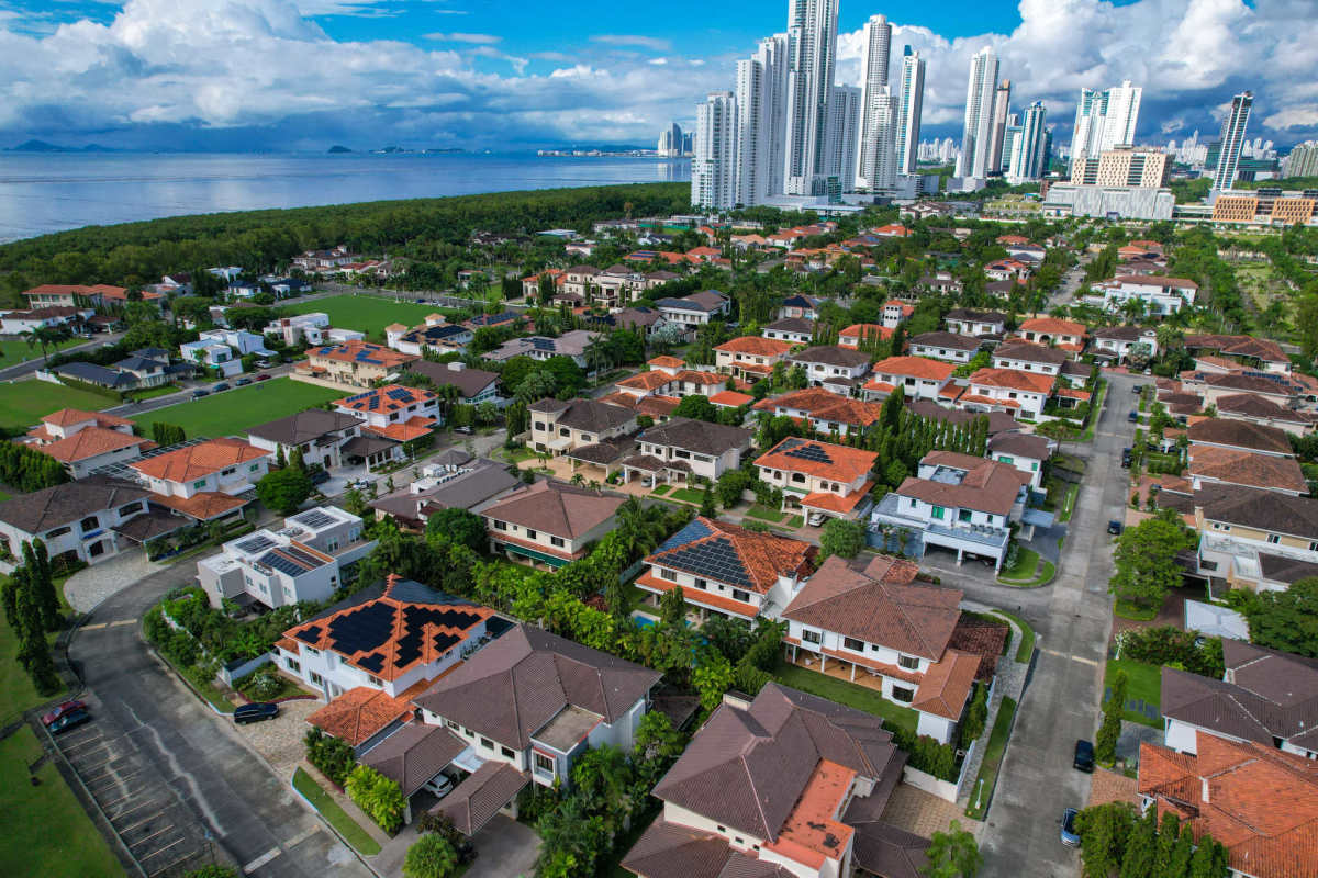 Luxury residential neighborhood with green spaces and tiled roofs Costa del Este Panama