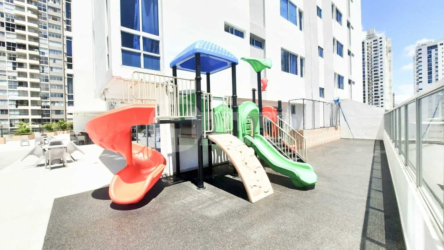Colorful rooftop playground slide climbing wall PH Vista Park San Francisco Panama