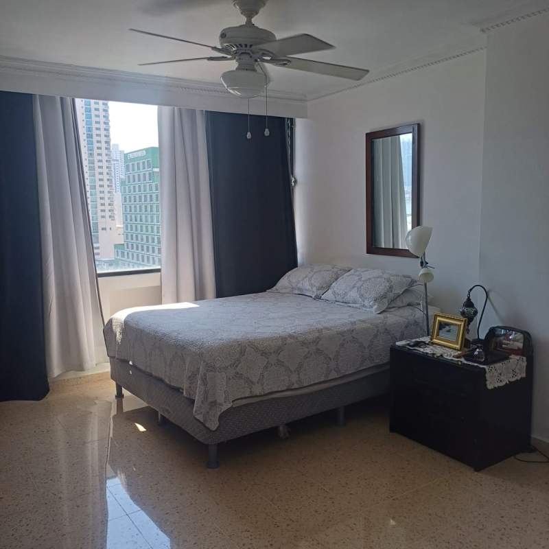Bedroom in San Francisco rental with window city view ceiling fan air conditioning Grand View Tower Panama