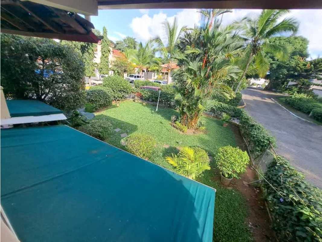 Lush tropical garden with palm trees view from balcony in Albrook Panama house