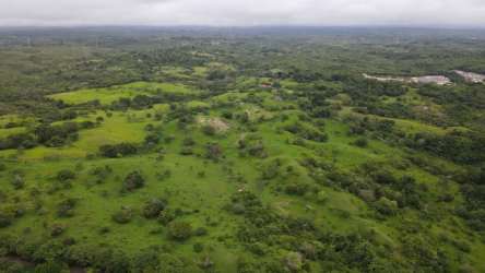 Aerial view of lush green countryside land with open areas and hills El Higo Panama
