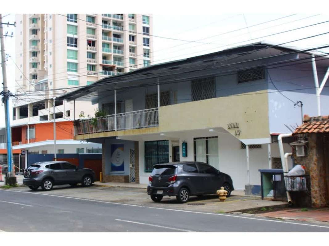 Street facade of mixed-use commercial and residential building in San Francisco Panama