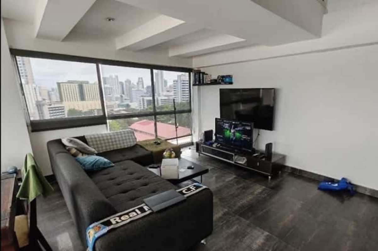 Balcony with panoramic city skyline view, AC units visible, Bella Vista Panama unit